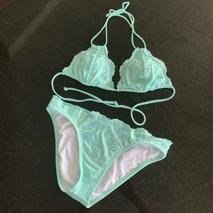 Vintage Hot Kiss tiffany blue beaded bikini set
